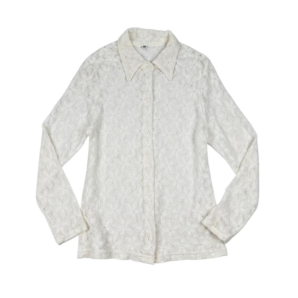 White Stretch Lace Button Front Blouse Top Y2K Romantic Size L Cool Wear USA